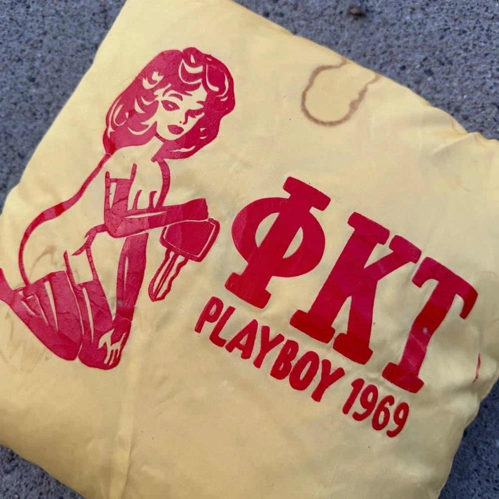 Vintage 1969 Playboy Phi Kappa Tau PKT Fraternity Throw Pillow Yellow Red 12x12